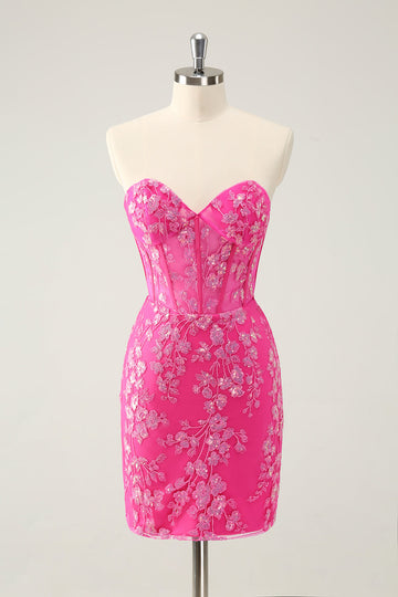 Sparkly Fuchsia Sweetheart Corset Cocktail Dress with Appliques